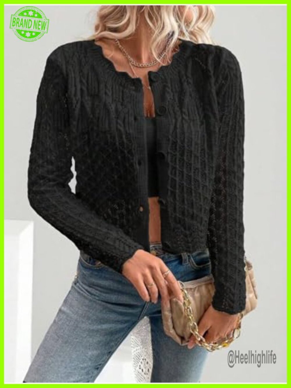 Knit Cardigan Sweater Cropped Crewneck Long Sleeve Button Front Fall Top - Picture 3 of 4
